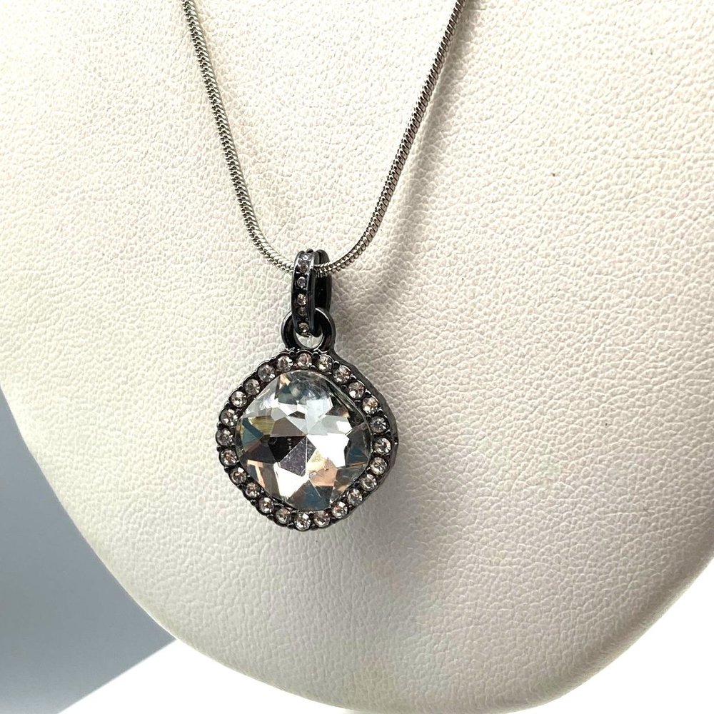 Gunmetal Sparkle Pendant with Clear Crystals on Silver Tone Snake Chain Necklace
